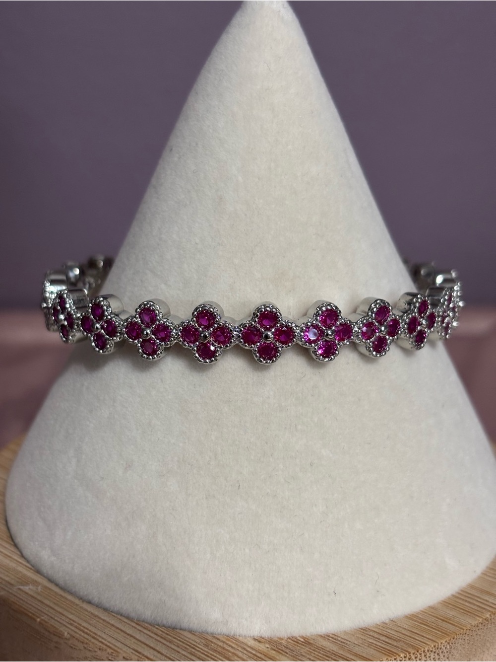 Silver Bracelet with Pink Floral Gem Clusters